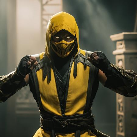 cinematic film still of  <lora:Mortal Kombat style:1>
Mortal Kombat style, fictional universe consisting of numerous realms, Scorpion,yellow golden outfit,wraith,Hanzo Hasashi,white sclera,a man in a yellow outfit holding a sword,solo,1boy,weapon,male focus,sword,hood,mask,glowing,chain,katana,fire,glowing eyes,ninja,white eyes , Live-action, white sclera eyes, muscular, fitness, fighters, Action-adventure, brutal and gruesome, Mortal Kombat style, mk style, shallow depth of field, vignette, highly detailed, high budget, bokeh, cinemascope, moody, epic, gorgeous, film grain, grainy