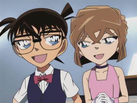 <conanAndhaibara>, 1girl, 1boy, brown hair, glasses, blue eyes, dress, bowtie, bow, short hair, gloves, choker, smile, formal, black bow, white gloves, purple dress, indoors, open mouth