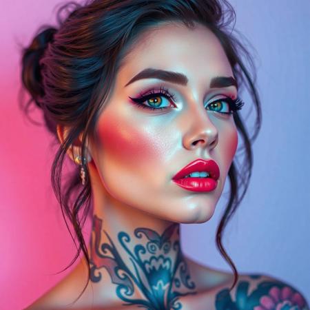 A beautiful woman in blue and pink, in the style of tattoo — inspired, kawaii aesthetic, kelly sue deconnick, light pink and dark amber, distinctive noses, tanya shatseva, uhd image