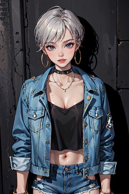 (masterpiece:1.2, best quality), (1lady, solo, upper body:1.2), Hair: buzz cut, Clothing: oversized, distressed denim jacket with patches and pins, paired with black skinny jeans and combat boots, Accessories: silver hoop earrings and a black choker necklace, Hanging out in an underground music venue or street art exhibit