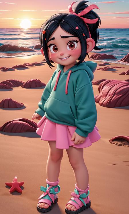 1girl, <lora:Vanellope_von_Schweetz:1> Black hair with colored sprinkles, red ribbon, teal hoodie, large brown eyes, pointy ears, pink blush on cheeks, content expression, skirt, ocean, sand, palms, sun, standing, full body, (child:1.2)