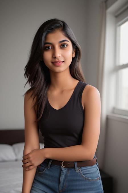 a 18 y.o cute girl, Indian Girl, Cute, Indian Beauty, petite, skinny, adorable, waist and above photograph, high resolution,professional grade,RAW photography,evocative composition,Cinematic Lighting,moody lighting, tight red tank top, tiny shorts, small perky breasts, sexy smile, girls bedroom, looking at viewer,sexy,cinematic_angle,perfect eyes,