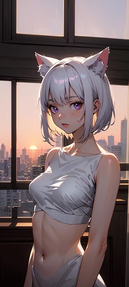 ((masterpiece:1.4, best quality:1.3)), cat ears, short hair, silver hair, white hair, purple eyes, apartment bedroom, apartment setting, window overlooking city in the background, dim-lit room, cold light, ((dawn:1.5)), extremely detailed anime face and eyes, minute details, incredible illustration, correct body anatomy, body fluid details, detailed body,