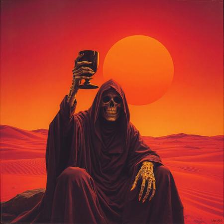 Dark art of an cloaked ominous monk from the 70s-style pulp paintings, seated in a psychedelic desert, lifts a blood-dripping goblet toward a blood-red sun with his bony fingers. The sky ripples like heatwaves. The monks grinning skeletal face is barely visible. Duotone: Burnt orange and deep plum. Mood: Occult ritual meets 80's crinkled poster art style. Grim reaper, doom metal-style, gritty, desert ritual, tales from the crypt
