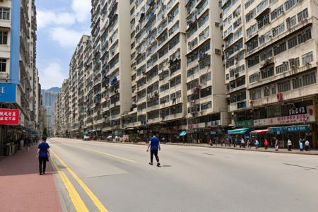 Hong Kong Old District, tall buildings, person walking on the sidewalk, (RAW photo, best quality), (realistic, photo-realistic:1.2), outdoor <lora:Hong Kong Old District:0.6>