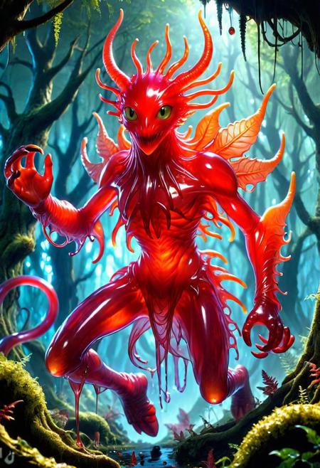 Young [ <'EM_1'> | <'EM_2'> | <'EM_3'> : 0.5] full red transparent gelatine creature  in a gelatine fantasy forest  season
<cdt:d1=2;d2=2;hrs=1;hd1=2;hd2=2;st1=0;st2=1>
