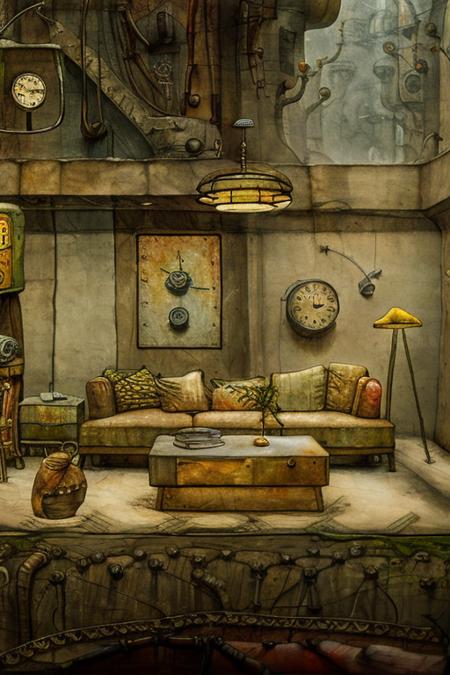 a painting of a room with a staircase and a clock , jxmc style,  <lora:jxmc:1>