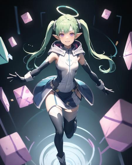 best quality, (masterpiece:1.2), illustration, absurdres,
(1girl, solo), (beautiful detailed girl),
<lora:Mare-08:0.8>, Mare, long hair, green hair, twintails, purple eyes, mechanical halo, tiny, petite, small, small breasts,
hood,  white dress, white boots, aqua skirt, see-through skirt, translucent skirt, long gloves, (black gloves, black thighhighs:1.1),
proud, confident, happy, smile, (looking at viewer),
((flying, floating)), 
((virtual, hacker, hacking, matrix, floating cubes))