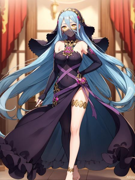 (extremely detailed CG), (best quality), 1girl, perfect face, absurdly long hair, bright pupils, (finely detailed beautiful eyes), yellow eyes, wide hips, narrow waist, AshuraPerformingArts, veil, (mouth veil:1.2), elbow gloves, fingerless gloves, dress, jewelry, necklace, single leg pantyhose, anklet, thighlet, full body, depth of field, barefoot, light smile, arms behind back,  <lora:AshuraPerformingArts:0.65>