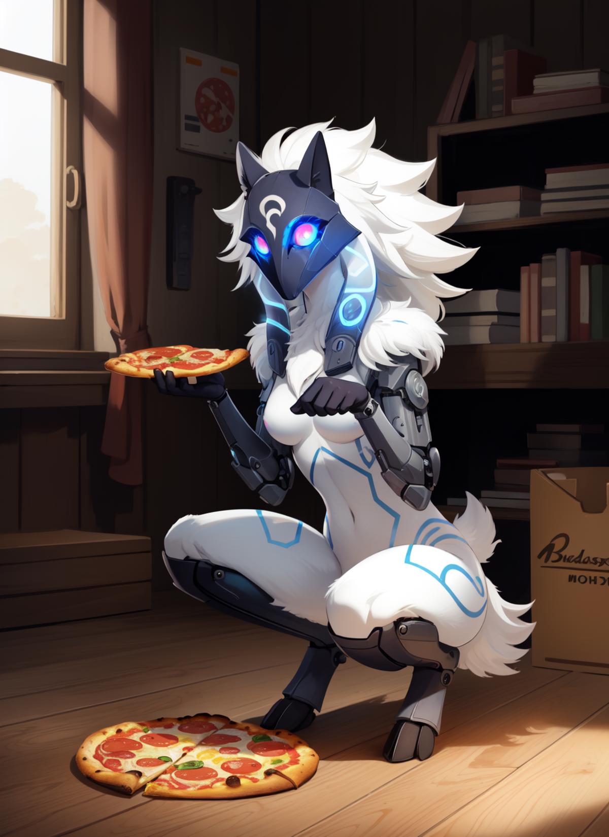 A character with blue eyes and a white body, holding a slice of pizza.