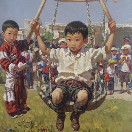 Mongolian  little boy playing swing, white bg
highres, hq, highly detailed, oil painting, 
 <lyco:Meirzhan_Nurgozhin:1>