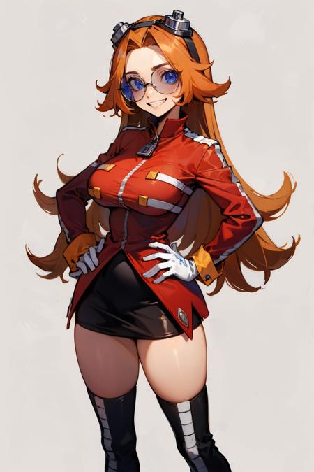 ((masterpiece, absurdres)), eggmaam, large breasts, wide hips, narrow waist, 1girl, solo, orange hair, long hair, red jacket, black skirt, black thighhigh boots, white gloves, round eyewear, blue-tinted eyewear, goggles on head, white background, simple background, flat background, grin, teeth, hand on own hip <lora:eggmaam-000005:0.75>