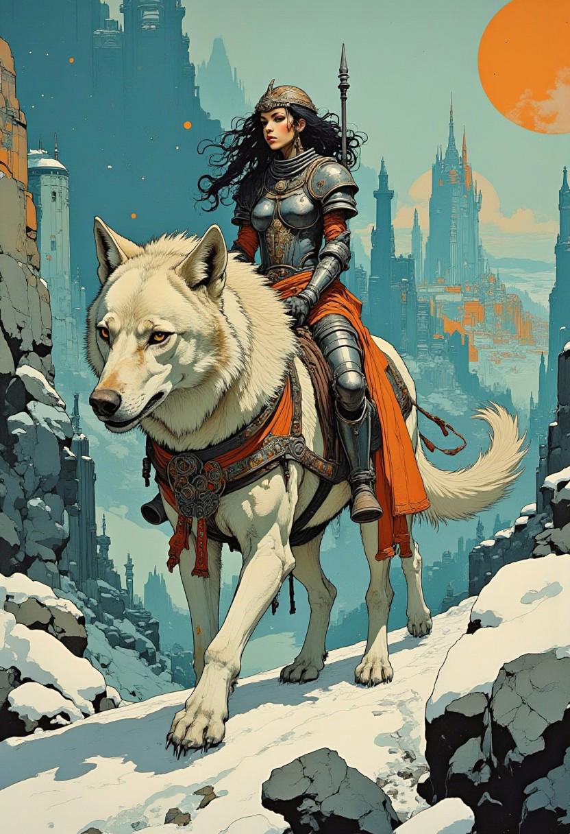 A woman in armour, riding a war giant wolf, African tribal elements, dramatic scenery, snow, space colony behind, cyberpunk