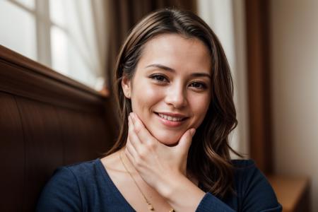 photo of a 35 year old girl,clapping hands,happy,laughing,facing viewer,ray tracing,detail shadow,shot on Fujifilm X-T4,85mm f1.2,depth of field,bokeh,motion blur,<lora:add_detail:1>,