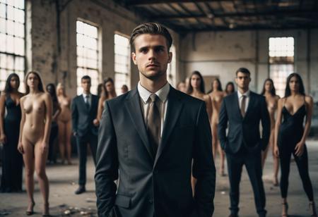 Surreal art print photograph. Abandoned warehouse space with dark surreal lighting. 
A man in a business suit stands in the midground. His face is an indistinguishable blur but his body is shalt on focus. Bokeh effect, man in suit in focus.  
He is surrounded by beautiful nude women.  They stand with hands behind backs submissively. All are beautiful and realistic.