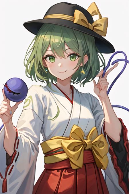 best quality, masterpiece, highres, solo, {white kimono:1.35}, {red hakama:1.35}, {wide sleeves:1.20}, {komeiji_koishi_touhou:1.15}, third_eye, hat, green_eyes, black_headwear, short_hair, green_hair, ribbon, smile, bow, upper_body, heart, bangs, hat_ribbon, hat_bow, hair_between_eyes