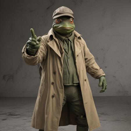 frog dressed in a trench coat and hat, tmnt, trending on reddit, michelangelo style, pointing at the camera, dd, beautiful perfectly detailed, masked person in corner, cga, leaked photo,, detective coat, reptile, behold, busted camera, unreal engine, hyper realism, realistic shading, cinematic composition, blender render, octane render, detailed textures, photorealistic, ultrawide shot