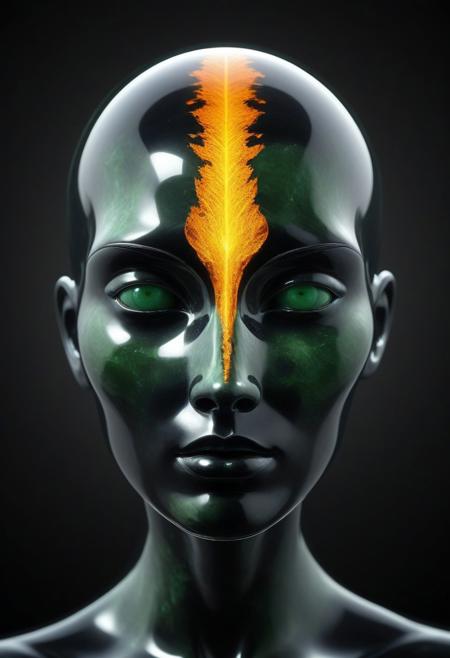 (Obsidian Jade Style,:2) Delirium style. The image is a digital artwork, rendered in a hyper-realistic CGI style, featuring a surreal and abstract depiction of a human head. The central figure is a stylized, almost robotic humanoid head with a glossy, dark, almost black surface that reflects and refracts light, giving it a sleek, metallic appearance. The head is split vertically, with the upper half forming a hollow, transparent, and reflective dome. Inside this dome, a stunning, glowing image of a tree with a fiery, orange-yellow aura is visible, creating a stark contrast to the dark outer surface. <lora:Bonafida.Studio:1>