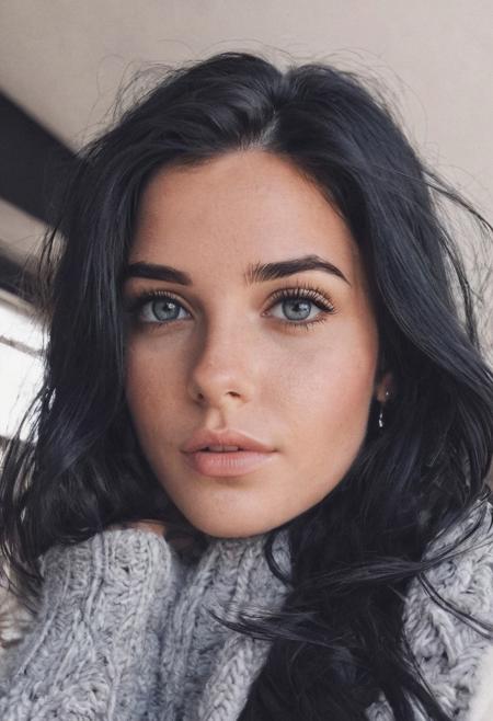 instagram photo, full face, European girl, Nordic, black hair, perfect detailed eyes, natural skin