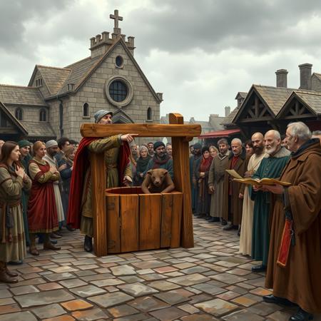 A medieval town square with a wooden stocks at the center, a nobleman in fine robes pointing at a poor farmer locked inside. A crowd of mixed social classes watches—some jeering, others looking uneasy. A scribe records the punishment on parchment, while a priest stands nearby with a disapproving expression. The background features a stone church and market stalls, with a gloomy, overcast sky
