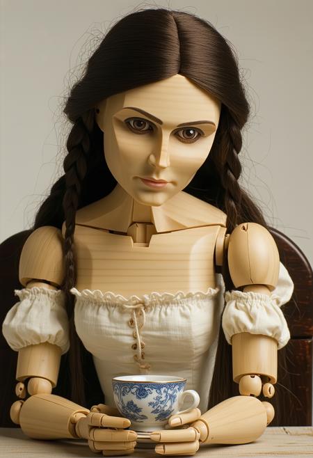 A weathered oak marionette, joints cracked with age, slumps inert at a splintered table, backlit by a dusty amber shaft piercing attic gloom. 
Caravaggio-inspired chiaroscuro carves its hollow face: knotted grain, chipped paint eyelids. Monochrome mahogany tones clash with spectral cobalt shadows cast by tangled threads. miniature porcelain teacup, rests near wooden fingers.
Mood: haunting, arrested agency.