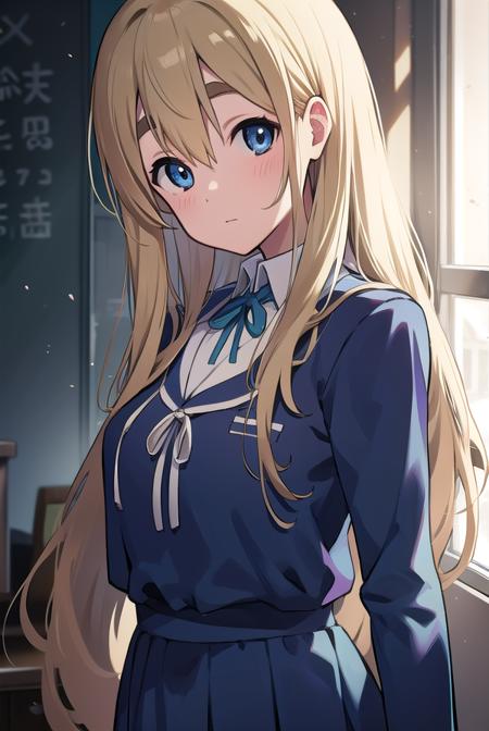 tsumugikotobuki, <lora:tsumugikotobukitest:1>,
tsumugi kotobuki, blonde hair, blue eyes, long hair, thick eyebrows, eyebrows,
BREAK sakuragaoka high school uniform, school uniform,
BREAK looking at viewer,
BREAK indoors, classroom,
BREAK <lora:GoodHands-vanilla:1>, (masterpiece:1.2), best quality, high resolution, unity 8k wallpaper, (illustration:0.8), (beautiful detailed eyes:1.6), extremely detailed face, perfect lighting, extremely detailed CG, (perfect hands, perfect anatomy),