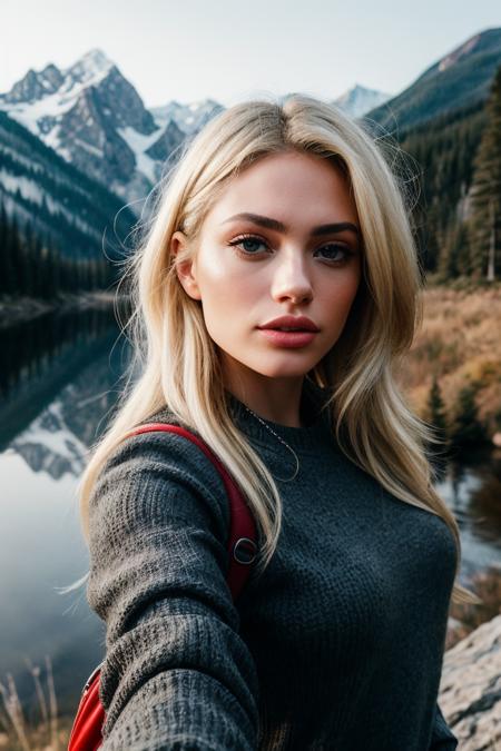 ((selfie)) photo of beautiful blonde (summrstr0m-135:0.99), a woman, outdoors, mountains, wearing a backpack, sweater, and hiking jacket, rocks, river, wood, analog style (look at viewer:1.2) (skin texture), close up, 85mm, cinematic light, sidelighting, Fujiflim XT3, DSLR, epiCPhoto