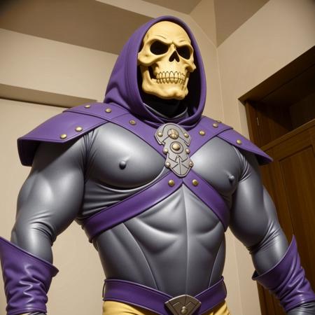 a portrait of skeletor, wearing purple armor leather armor and pauldrons , amazing body, kitchen, close up