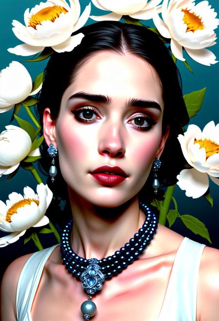 Inspired by Mike Mignola, 1 female,beautiful, wrapped in beads, peonies, languor, softness, half smile, soft light, tenderness, seduction, the greatest quality, best facial details
futurism,