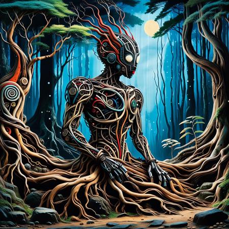 roots, made out of roots, Studio Ghibli Dark Fairytale,
The terminator, whimsical folk art in the style of Julia pott Quentin Black Kandinsky , flat colours