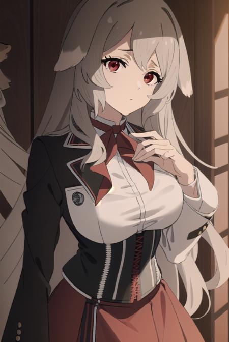 pursenaadoldia, <lora:pursenaadoldias2-lora-nochekaiser:1>,
pursena adoldia, long hair, (red eyes:1.5), animal ears, very long hair, grey hair,
BREAK cleavage, skirt, long sleeves, pantyhose, frills, shoes, red skirt,  loafers, white pantyhose, blazer, (white blazer:1.5), corset, (black corset:1.5),
BREAK indoors, classroom,
BREAK looking at viewer, (cowboy shot:1.5),
BREAK <lyco:GoodHands-beta2:1>, (masterpiece:1.2), best quality, high resolution, unity 8k wallpaper, (illustration:0.8), (beautiful detailed eyes:1.6), extremely detailed face, perfect lighting, extremely detailed CG, (perfect hands, perfect anatomy),