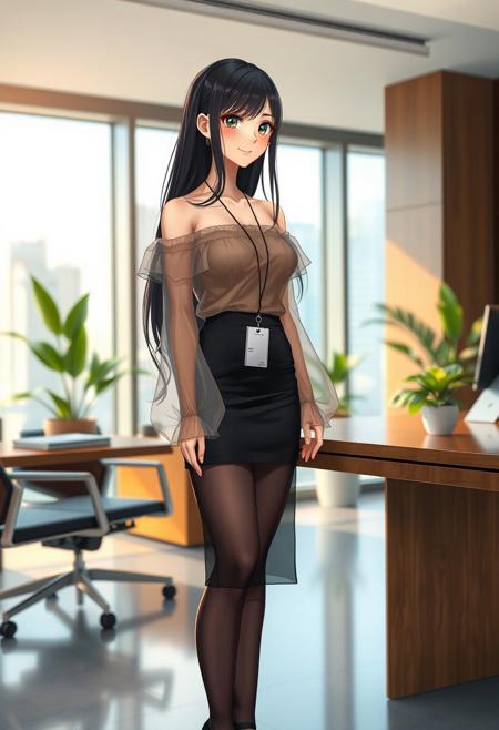A shy and beautiful anime-style young female secretary standing beside a modern CEO's office desk during the daytime. She has long, silky black hair and gentle eyes, looking slightly down with a shy smile. She wears an elegant off-shoulder transparent thin summer blouse without straps, with long flowing sheer sleeves, tucked into a thin, very short black transparent mini pencil skirt. She also wears delicate transparent black stockings and modest black heels. A small ID badge hangs subtly from her waist, highlighting her reserved posture. Her cheeks are blushing softly as she stands next to the CEO's luxurious desk. Behind her is a wide office glass window showing a bright daylight cityscape. The office features soft natural lighting, modern furniture, indoor plants, and a clean, high-end design. Full-body view, soft-focus anime style, warm tones, cinematic lighting with subtle bokeh.