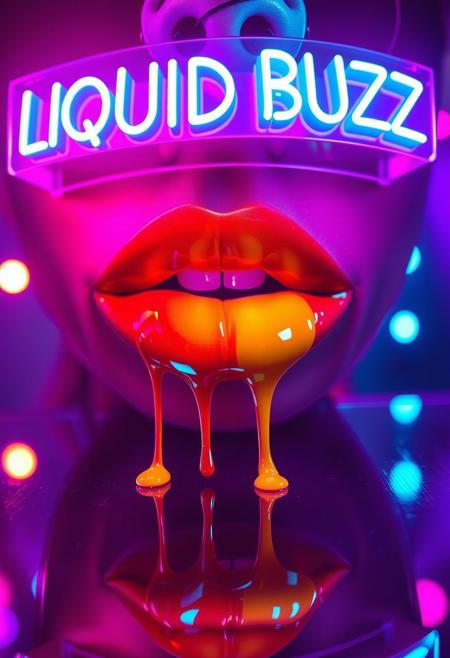 A high-resolution image of a woman’s lips painted with a bold gradient blend of red and yellow, merging smoothly to create a striking contrast. The lips are glossy and reflective, illuminated by neon-colored spotlights in the background—deep purples, blues, and pinks—enhancing their shine. Thin streams of paint drip delicately from the lips, adding a dynamic element. Above the lips, a floating neon sign reading ‘LIQUID BUZZ’ in vibrant pink and blue glows brightly, contributing to the sleek, futuristic atmosphere. Subtle reflections on the glossy surface enhance the intense effect.”