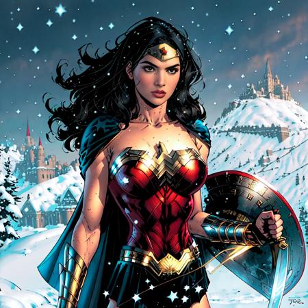 jim lee, 1girl, wonder bilphaniem, armlet, black hair, blurry, bracer, breath, cape, cowboy shot, depth of field, holding, holding weapon, lasso, looking at viewer, parted lips, pommel, realistic, reverse grip, shield, skirt, snow, snowing, solo, superhero, sword, tiara, toned, weapon, weapon behind back , ((masterpiece)) <lora:jimLeeDCComicsMarvel_offset:0.8>