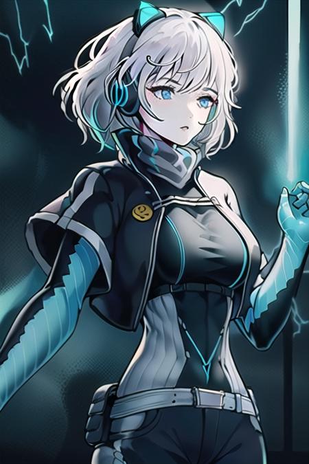 (pale girl wearing rags with long white hair close-up, looking at viewer) wandering in a decrepit gothic scenery at night,
1girl,icey,silver hair ,blue eyes,headphones, messy hair, short hair,medium breasts,factory, machinery, electricity, blue lightning,blue energy,