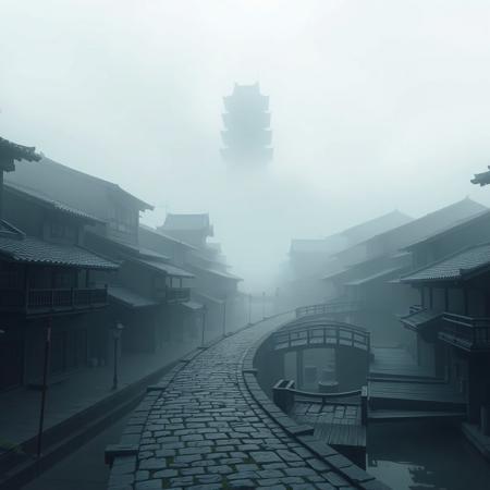A liminal space in Kirigakure, the Hidden Mist Village, exactly as seen in Naruto. Thick fog blankets the village, obscuring the towering buildings with their curved, sloping rooftops. The stone-paved streets wind through the mist, lined with wooden bridges and canals that reflect the dim, diffused light. The iconic Mizukage’s tower looms in the background, its silhouette barely visible through the haze.
The village is completely empty—no shinobi, no villagers, only the sound of water gently lapping against the docks. The mist swirls in the silence, creating the unsettling feeling that something should be here, but isn’t. The air is heavy with moisture, the atmosphere both serene and eerie. Kirigakure feels suspended in time, as if the village exists between the past and the present, waiting for someone to return.
