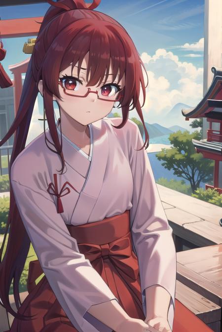 tomoekarijuku, <lora:tomoekarijukutest:1>, tomoe karijuku, long hair, (red eyes:1.1), ponytail, red hair, glasses, semi-rimless eyewear, red-framed eyewear,
BREAK skirt, japanese clothes, hakama, hakama skirt, miko, red hakama,
BREAK looking at viewer,
BREAK outdoors, shrine,
BREAK <lora:GoodHands-vanilla:1>, (masterpiece:1.2), best quality, high resolution, unity 8k wallpaper, (illustration:0.8), (beautiful detailed eyes:1.6), extremely detailed face, perfect lighting, extremely detailed CG, (perfect hands, perfect anatomy),