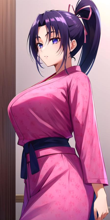 <lora:KousakaShigureV2:0.7>, kousaka_shigure, ponytail,  large_breasts, standing, solo, ShigurePinkOutfit, masterpiece, best quality, detailed face, detailed eyes, highres,