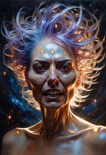 Striking oil painting, (Mean woman with cosmic hair:1.3), Centralized composition, Void star hair, Laser mask, (Sharp eyes and teeth:1.2), Radiant glow, Sweeping light, (Enchanting atmosphere:1.2), Detailed brushwork, Dark beauty.