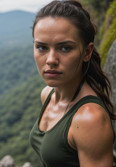 RAW photo of sks woman as an action hero, daisy ridley, <lora:lora_daisy_v1_from_v1_160:1.2>, cosplay as lara croft tomb raider, (large breasts), torn up tank top, ripped clothes, brown shorts, hair tied up, on a rocky cliff overlooking a jungle, (masterpiece:1.2) (photorealistic:1.2) (best quality) (intricate details) (8k) (cinematic lighting) (sharp focus), (detailed eyes), (looking at the camera:1.1), (closeup portrait:1.1)