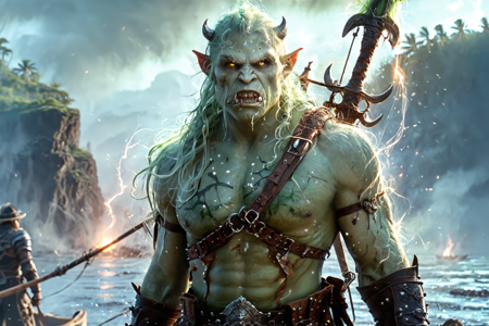 bioluminescent, an orc spearthrower with green skin, wearing a leather harness, holding a spear, solo, from the Deathforge Clan, with blackened armor and death symbols, an orc feast hall with long wooden tables, roasted meat, bone decorations, detailed background, riding a worg, holding a lance, fierce, eyes narrowed, environment focus, wide shot, a warship launch with orcs rowing, ship moving, water splashing, a wooden lance, nearby, on volcanic ash, gray and dusty, misty, light fog, damp air, soft light, afternoon, golden sunlight, long shadows, warm breeze, best quality, vibrant colors, realistic style, high detail, high-definition, hyper-realistic, extremely high-resolution details, fine texture, incredibly lifelike, realistic, not cartoon, not drawing, highres, 4K resolution, source photo, realistic photo, masterpiece, best quality, amazing quality, very aesthetic, ultra-detailed, detailed textures, natural lighting, soft light, swamp green tones, murky greens and browns, storm light, dramatic lightning flashes, close-up shot, <lora:Mystic_Lumina_r1-000007:0.9>