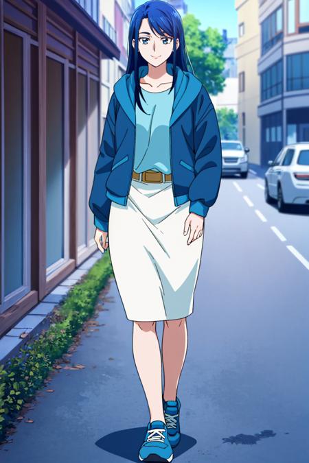 karen_otona blue jacket, white skirt, blue shirt, belt, blue sneakers purple shirt, turtleneck, blue skirt, necklace, shoes labcoat, doctor, medical scrubs, ponytail shoulder bag