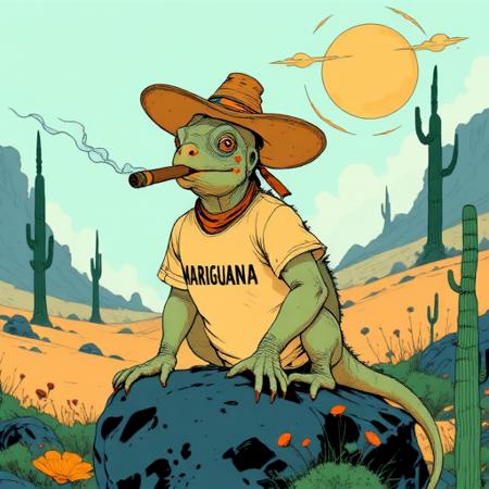 Fancha style illustration of an Iguana relaxing on a rock in a desert landscape on a distant planet, smoking a marijuana cigar, wearing a sombrero and a shirt that says (MARIGUANA:1.1). 
