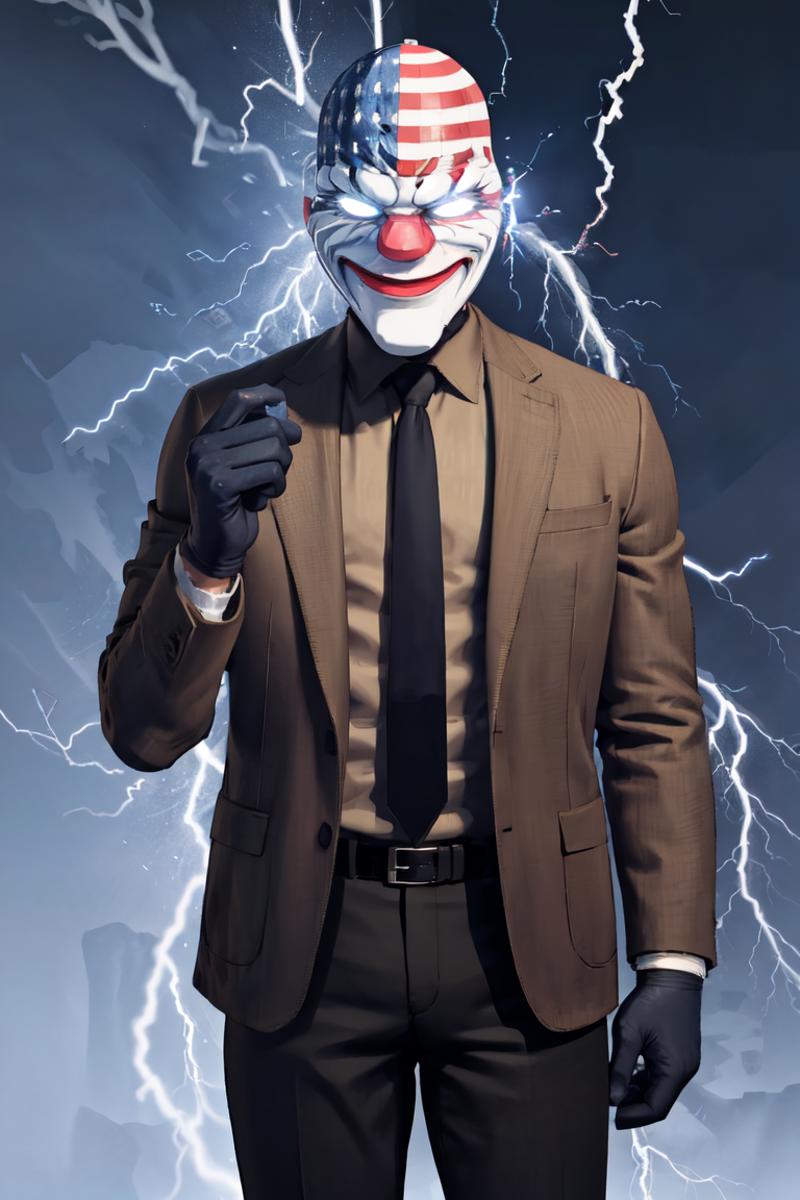 A man in a suit with a clown mask and lightning in the background.
