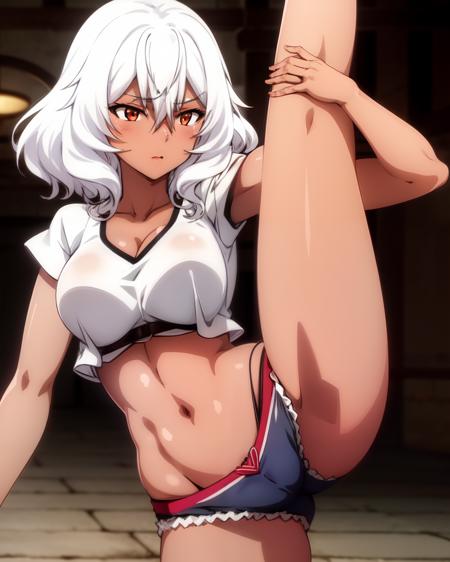 <lora:Altria_Grem_V2:0.8>
1girl, solo, standing split, muscular female, dark-skinned female, Altria Grem, midriff