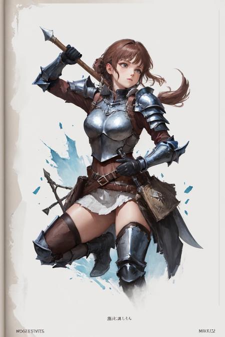 best quality,masterpiece,highly detailed,ultra-detailed,1girl,  <lora:AXE:0.3:Chr> 
(Milanese armor),An armor made of armor style developed in Milan, Italy, with smooth plate surfaces
holding weapon, holding axe,battle axe
holding long grip of axe, 
 fighting stance,