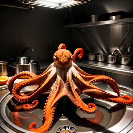 rcnz_hqr, 8ctopus, An octopus in a kitchen sink, full scene of a kitchen
 <lora:8ctopus:.6>