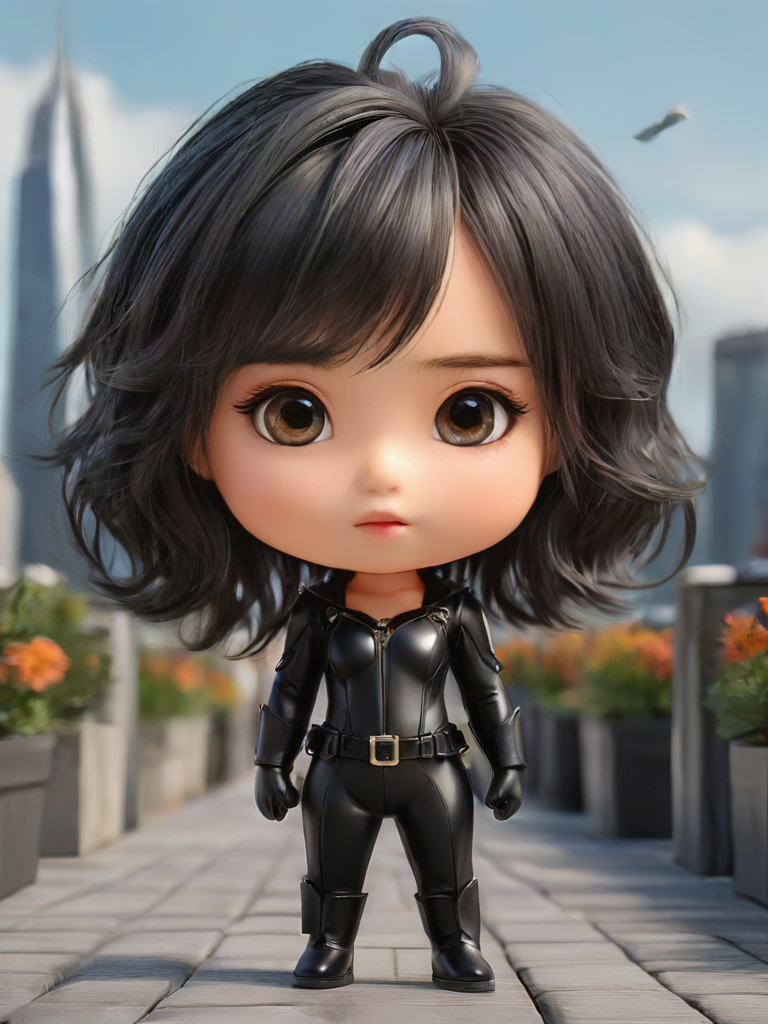 00825-2470230981-1girl,chibi,child,(Sleek_black_jumpsuit_1.5),(Pointed-toe_ankle_boots_1.4),(Metallic_clutch_1.3),(City_rooftop_background_1.4),.png