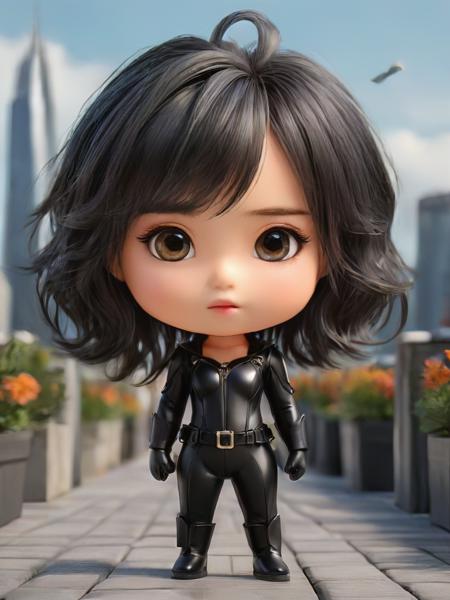 1girl,chibi,child,(Sleek_black_jumpsuit:1.5),(Pointed-toe_ankle_boots:1.4),(Metallic_clutch:1.3),(City_rooftop_background:1.4),