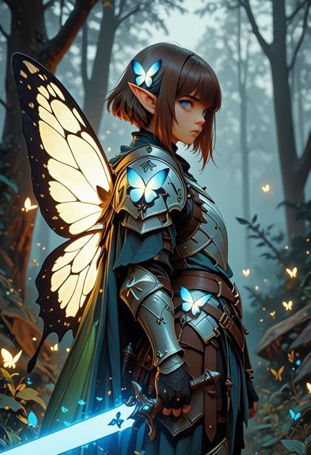 score_9_up, score_8_up, score_7_up, score_6_up. masterpiece, best quality, good quality, very aesthetic, absurdres, semirealism, fantasy, 8K, depth of field, focused subject, cowboy shot, Elf knight, 19yo male, androgynous, pointed ears, short brown hair, male haircut, blue eyes, wearing detailed armor, wielding blue glowing sword, he is standing, sword resting against the ground, large white glowing butterfly wings on the knight's back, trees in background, hkvaloria